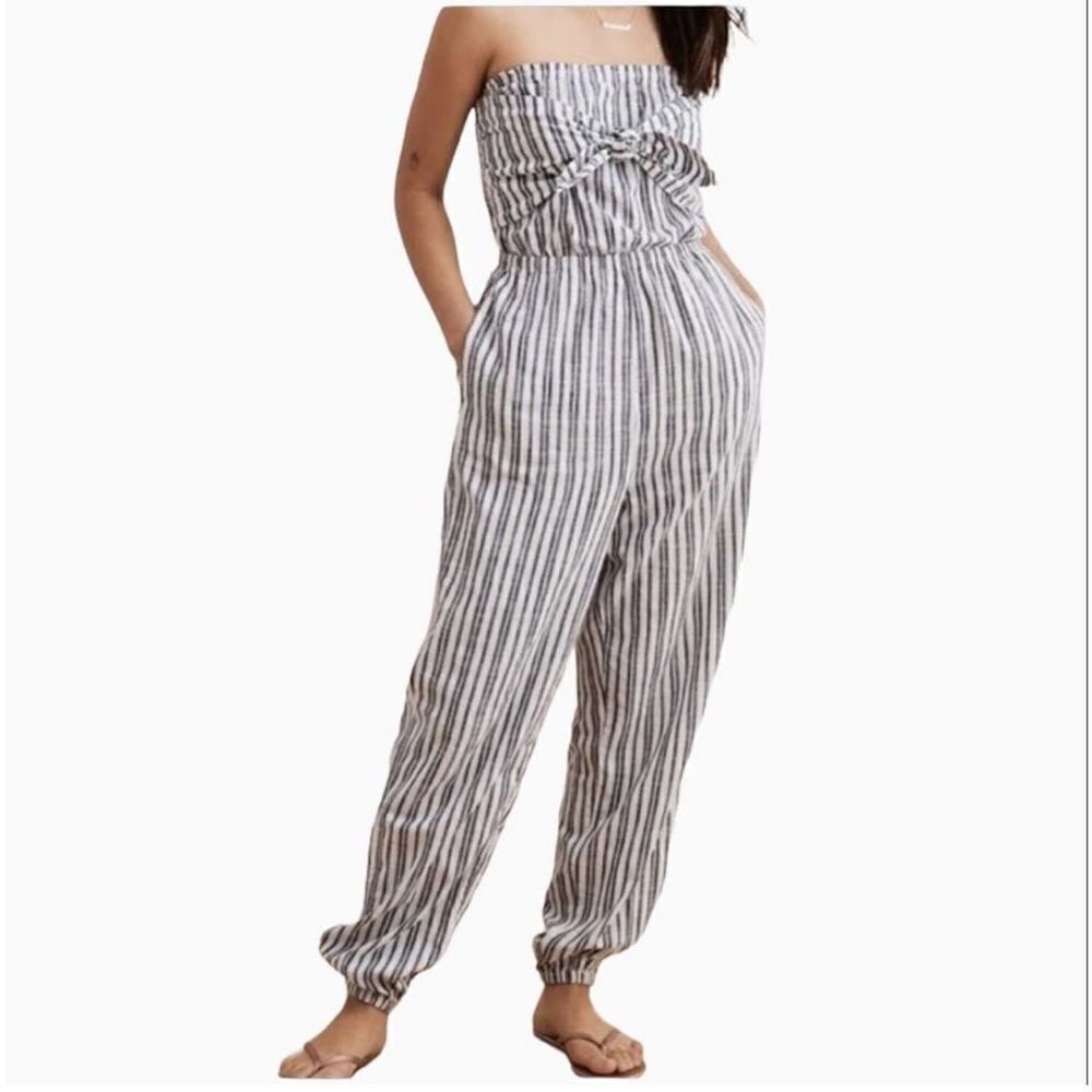 Aerie Strapless Jumpsuit Womens Small Blue Pockets Striped 100% cotton smocked